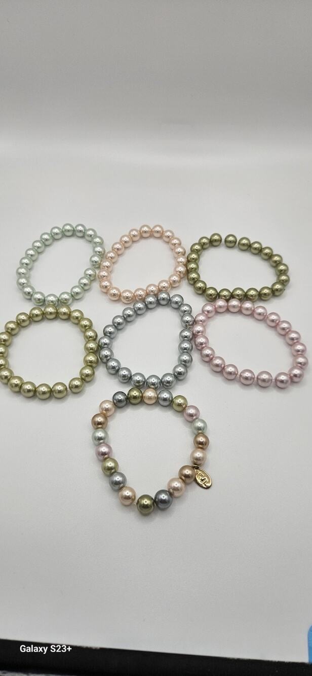 Kenneth Jay Lane KJL 7pc Faux Pearl Stretch Bracelet Set Pastel Signed
